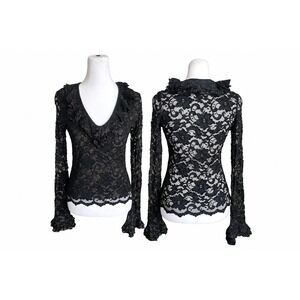 Vintage Y2K Bell Sleeve Ruffle Lace Top Whimsigoth Witchy Fairycore Vamp Gothic